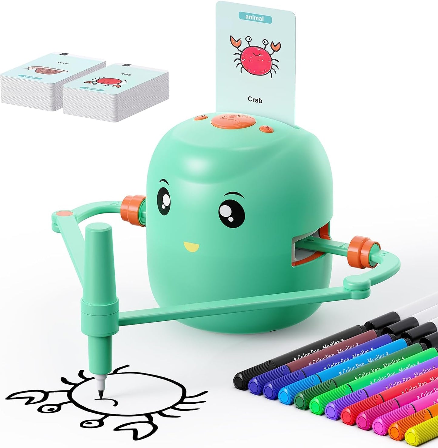 Okos rajzoló robot gyerekeknek | Montessori oktatójáték (5+) – hanginterakció, 16 színes filc, 150 rajzkártya