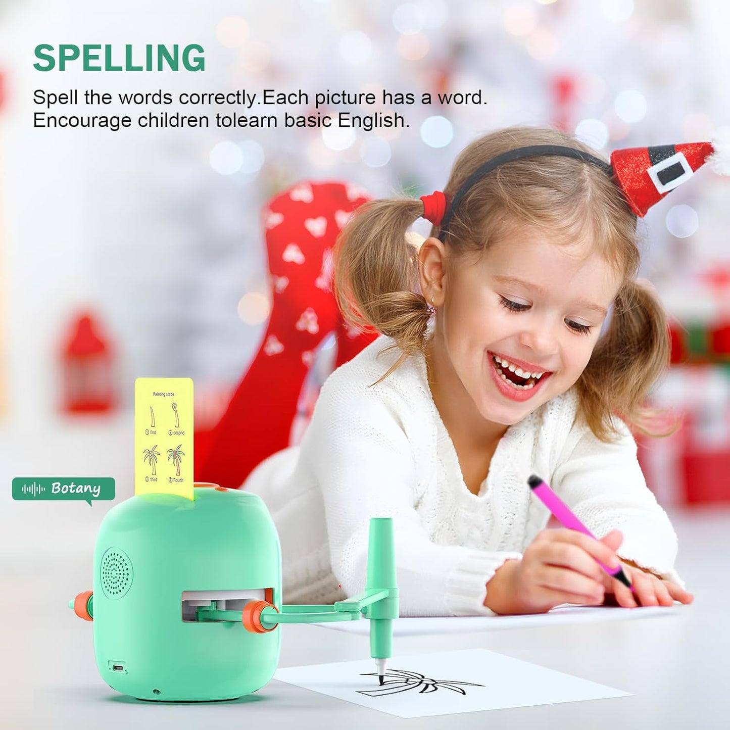 Okos rajzoló robot gyerekeknek | Montessori oktatójáték (5+) – hanginterakció, 16 színes filc, 150 rajzkártya