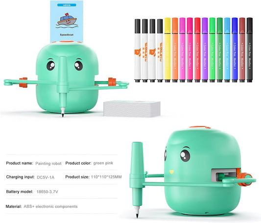 Okos rajzoló robot gyerekeknek | Montessori oktatójáték (5+) – hanginterakció, 16 színes filc, 150 rajzkártya